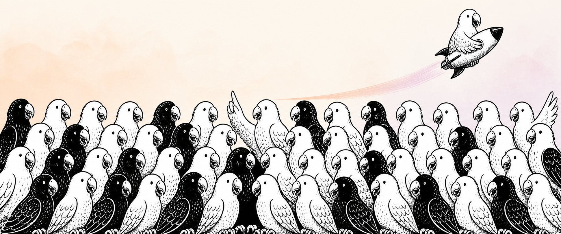 A flock of hand-drawn parrots watches a parrot launch on a rocket.